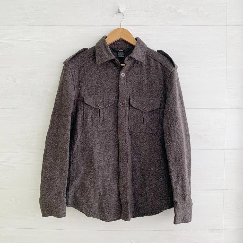 DKNY - Brown wool button front shirt jacket epaulets, M